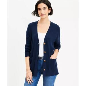 LOFT NWT Ribbed Relaxed V-Neck Pocket Navy Blue Open Cardigan // XS